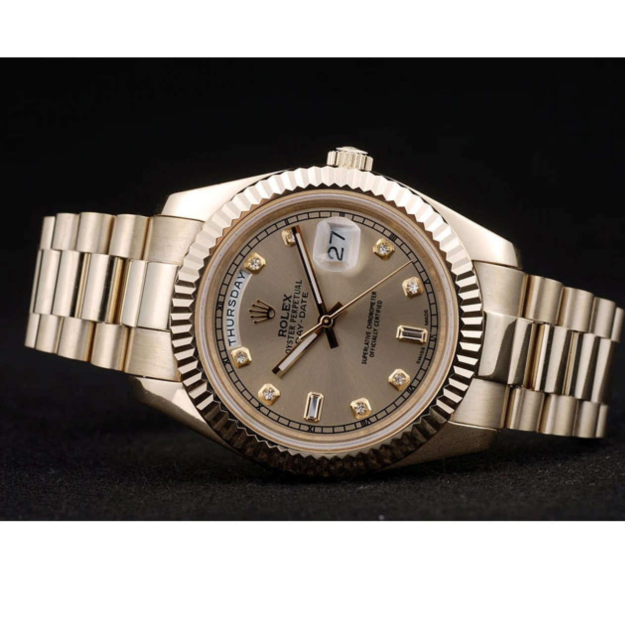 Aaa replica watch Swiss Gold Gold Ribbed DayDate Dial 41997 Rolex Stainless Steel Bezel 1028